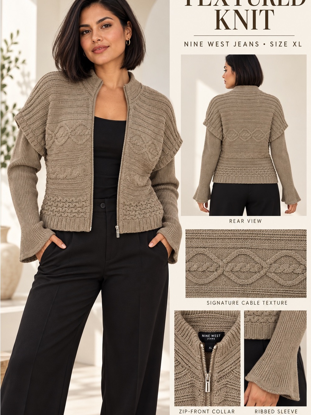 Nine West Taupe Textured Zip-Front Knit Cardigan